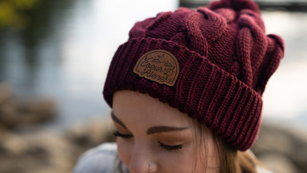 Maroon Cable Knit Pom-Pom Leather Night Patch Beanie