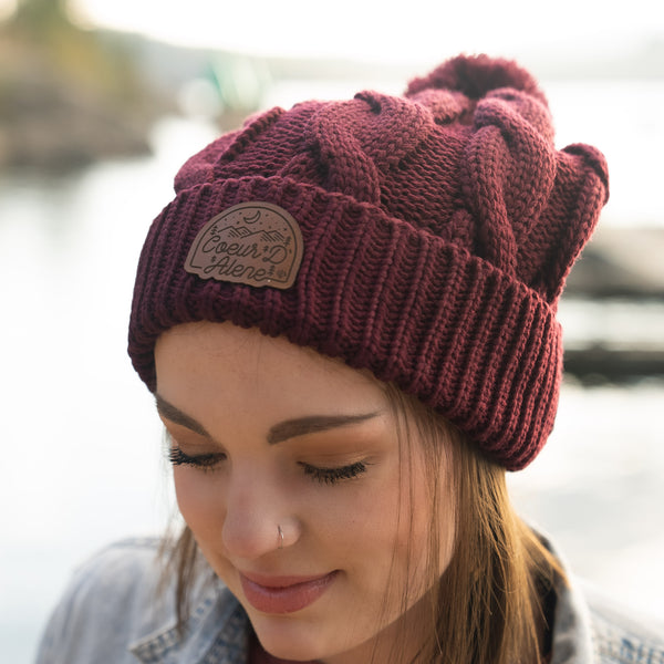 Maroon Cable Knit Pom-Pom Leather Night Patch Beanie