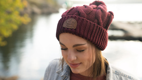 Maroon Cable Knit Pom-Pom Leather Night Patch Beanie