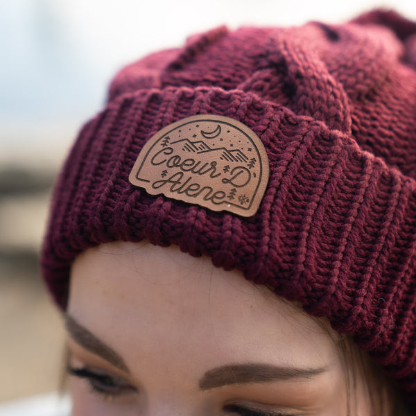 Maroon Cable Knit Pom-Pom Leather Night Patch Beanie