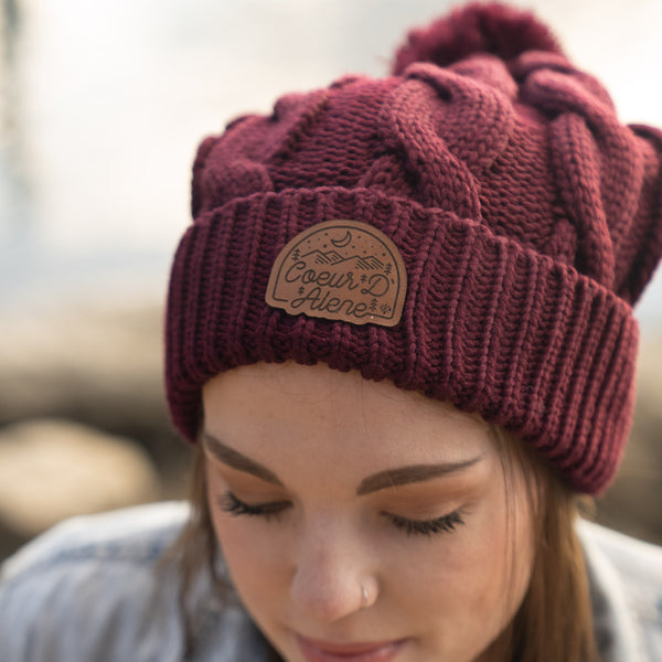 Maroon Cable Knit Pom-Pom Leather Night Patch Beanie