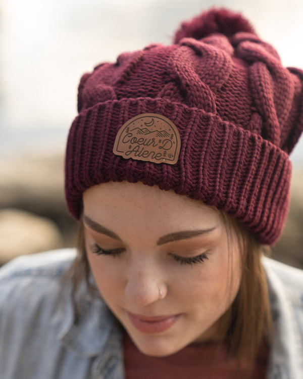 Maroon Cable Knit Pom-Pom Leather Night Patch Beanie