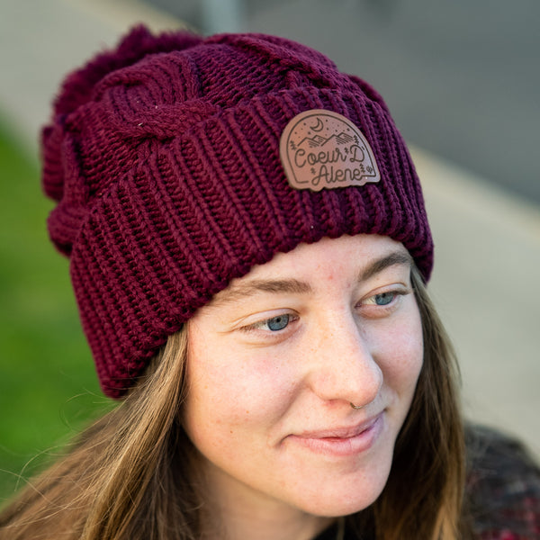 Maroon Cable Knit Pom-Pom Leather Night Patch Beanie