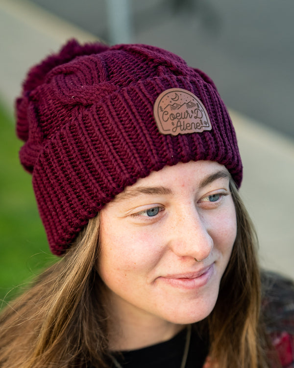 Maroon Cable Knit Pom-Pom Leather Night Patch Beanie