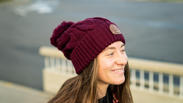 Maroon Cable Knit Pom-Pom Leather Night Patch Beanie