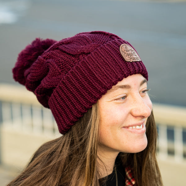 Maroon Cable Knit Pom-Pom Leather Night Patch Beanie