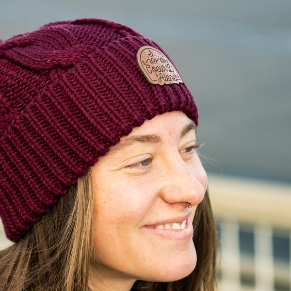 Maroon Cable Knit Pom-Pom Leather Night Patch Beanie