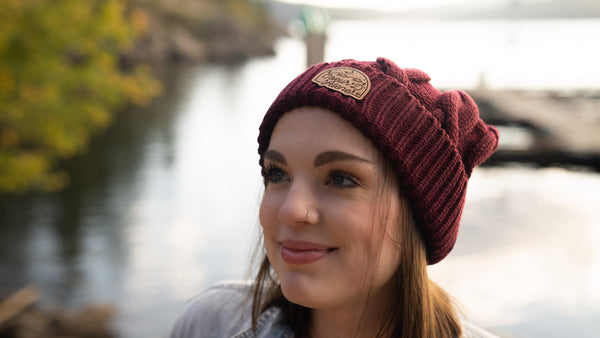 Maroon Cable Knit Pom-Pom Leather Night Patch Beanie