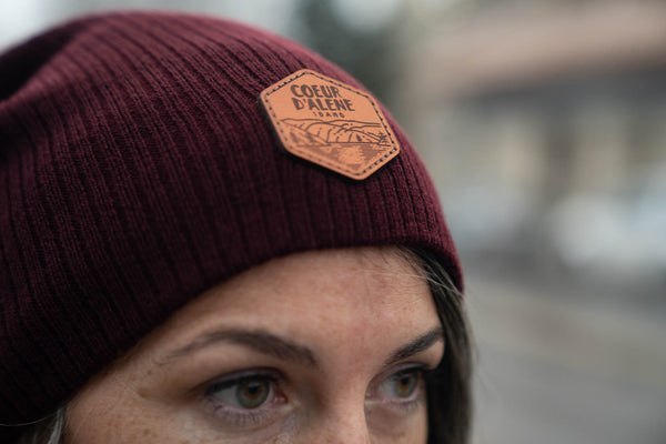 Maroon Leather Patch Slouchy Beanie