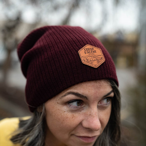 Maroon Leather Patch Slouchy Beanie