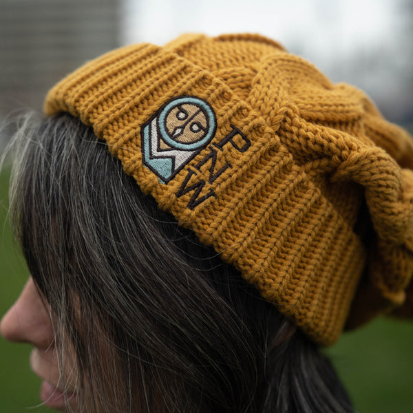 Mustard Cable Knit Pom-Pom PNW Owl Beanie