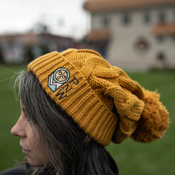 Mustard Cable Knit Pom-Pom PNW Owl Beanie