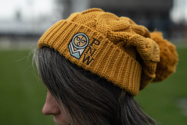 Mustard Cable Knit Pom-Pom PNW Owl Beanie