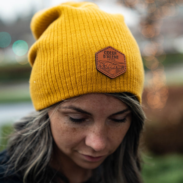 Mustard Leather Patch Slouchy Beanie