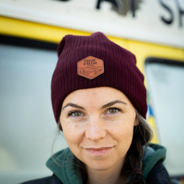 Maroon Leather Patch Slouchy Beanie