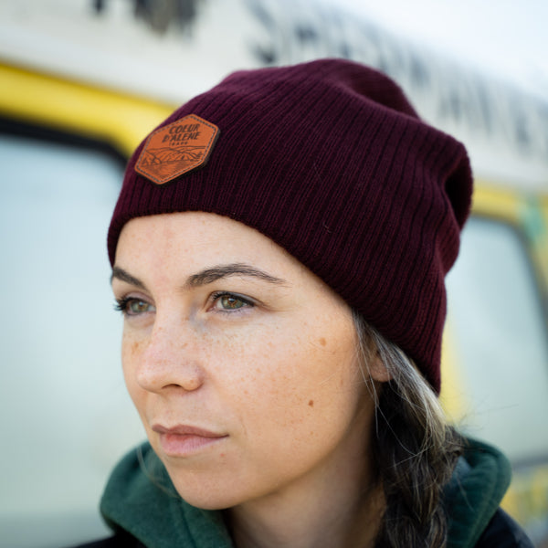 Maroon Leather Patch Slouchy Beanie