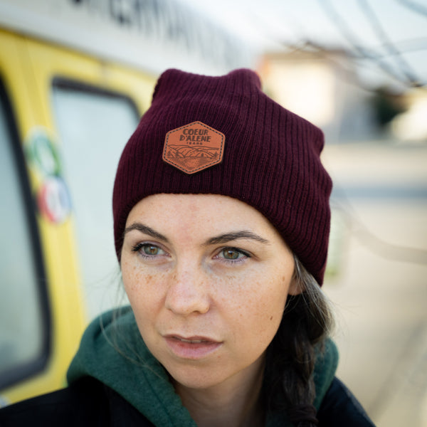 Maroon Leather Patch Slouchy Beanie