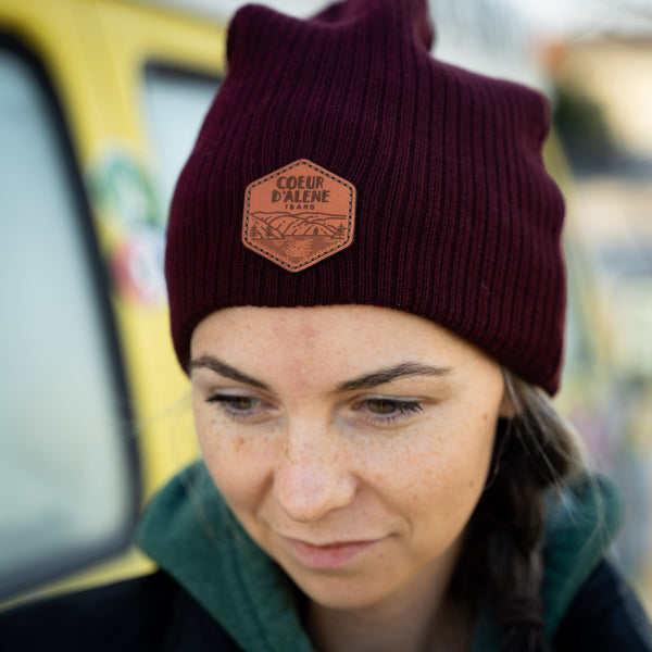 Maroon Leather Patch Slouchy Beanie