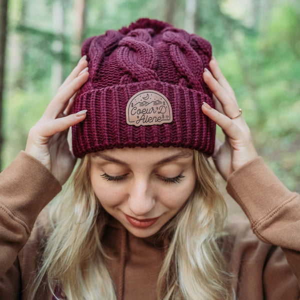 Maroon Cable Knit Pom-Pom Leather Night Patch Beanie