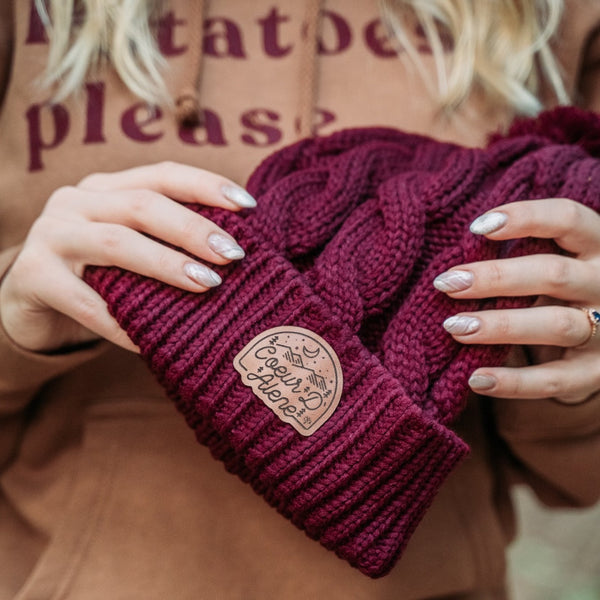 Maroon Cable Knit Pom-Pom Leather Night Patch Beanie