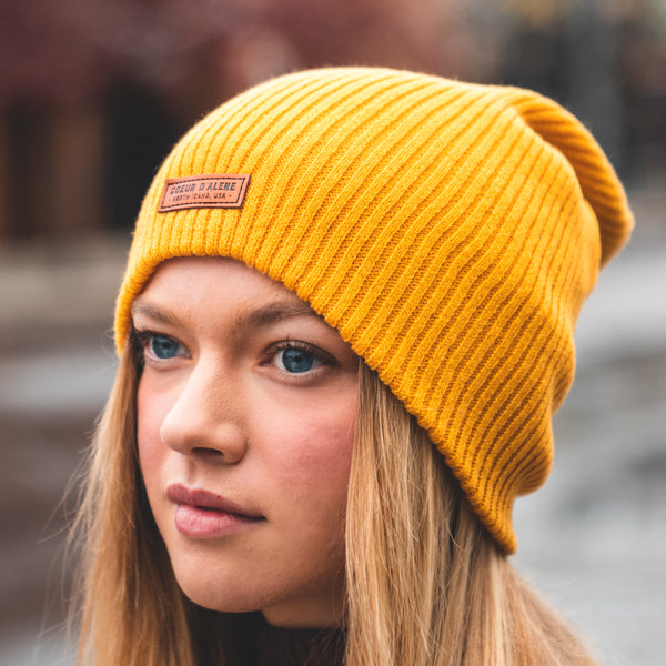 Mustard Yellow CDA North Idaho Leather Patch Slouchy Beanie