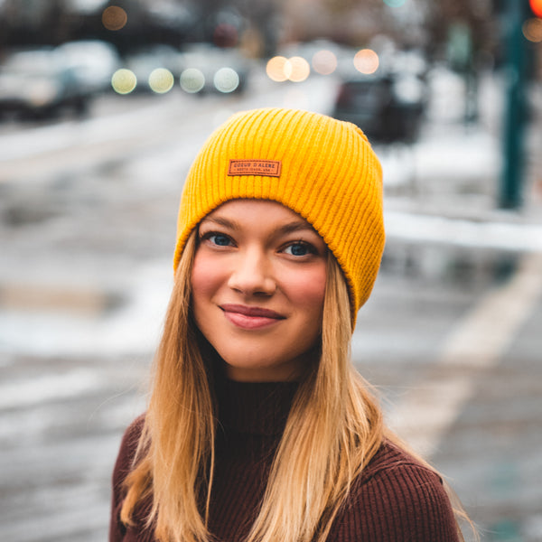 Mustard Yellow CDA North Idaho Leather Patch Slouchy Beanie