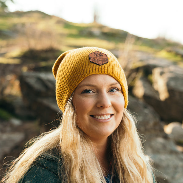 Mustard Leather Patch Slouchy Beanie