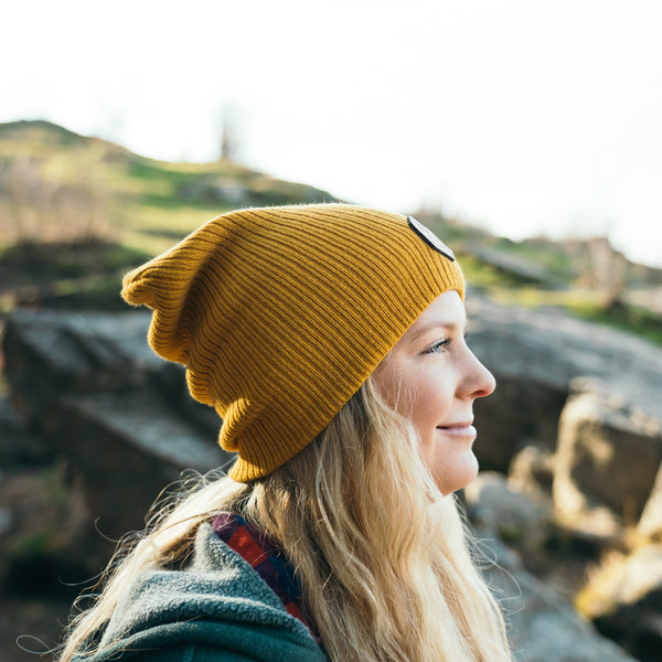 Mustard Leather Patch Slouchy Beanie