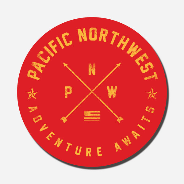 PNW Adventure Awaits Red Circle Sticker